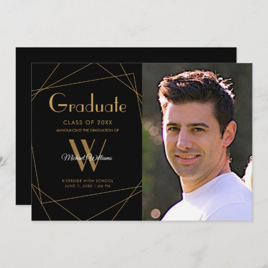 Modern zwart fotomonogram geometrisch Afstuderen Aankondiging (Voorkant / Achterkant)