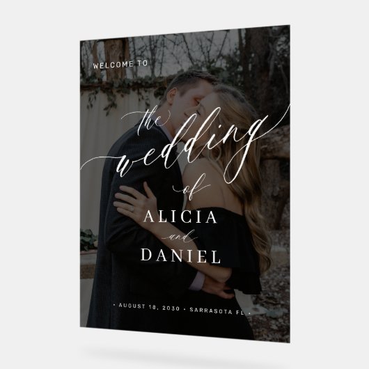 Modern zwart fotoscript bruiloft welkomstbord acryl bord (Hoek)