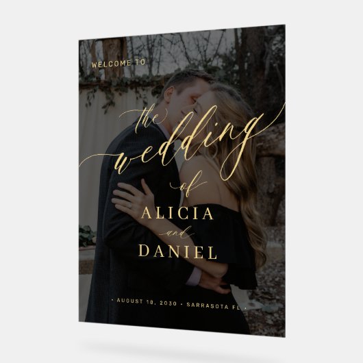 Modern zwart fotoscript bruiloft welkomstbord acryl bord (Hoek)