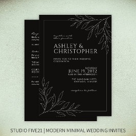 Modern zwart gebladerte omtrek alles-in-één bruilo kaart