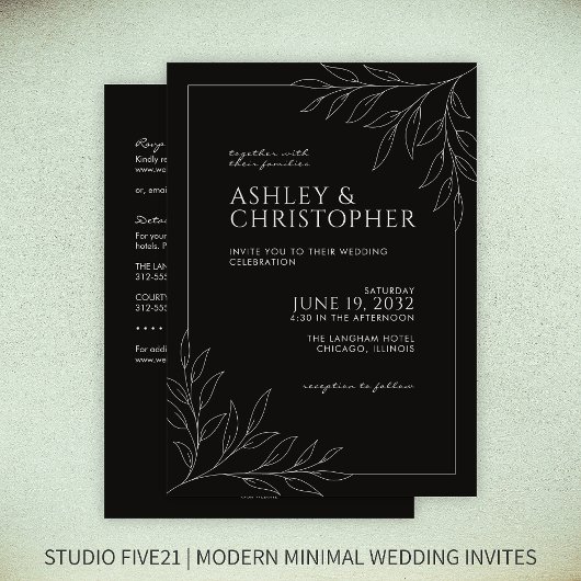 Modern zwart gebladerte omtrek alles-in-één bruilo kaart