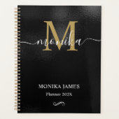 Modern zwart geborsteld metaal goud monogram planner (Voorkant)