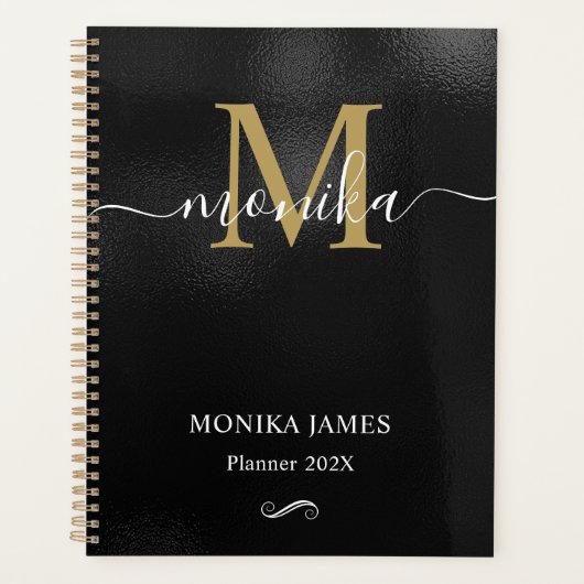 Modern zwart geborsteld metaal goud monogram planner (Voorkant)