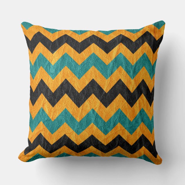 Modern zwart geel Aqua Chevron leer Kussen (Voorkant)
