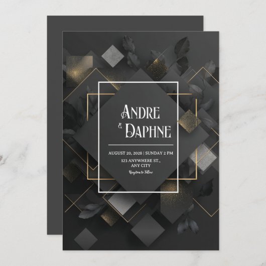 Modern zwart geometrisch met gouden accenten bruil kaart (Voorkant / Achterkant)