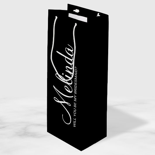 Modern zwart gepersonaliseerd bruidsmeisje voorste wijn cadeautas