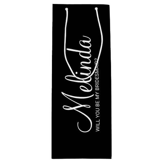 Modern zwart gepersonaliseerd bruidsmeisje voorste wijn cadeautas (Voorkant)