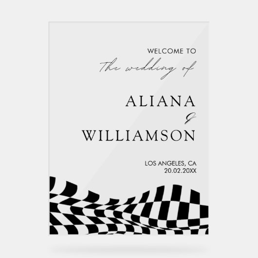 Modern zwart geruit patroon bruiloft welkom acryl bord (Voorkant)