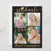 Modern zwart Gold Script 5 Foto Afstuderen Aankondiging (Voorkant)