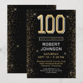 Modern Zwart Goud 100e Verjaardag Surprise Party Kaart (Voorkant / Achterkant)