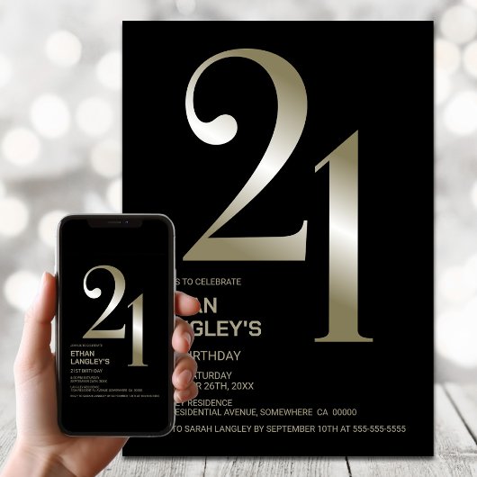 Modern Zwart Goud 21e Verjaardagsfeestje Kaart