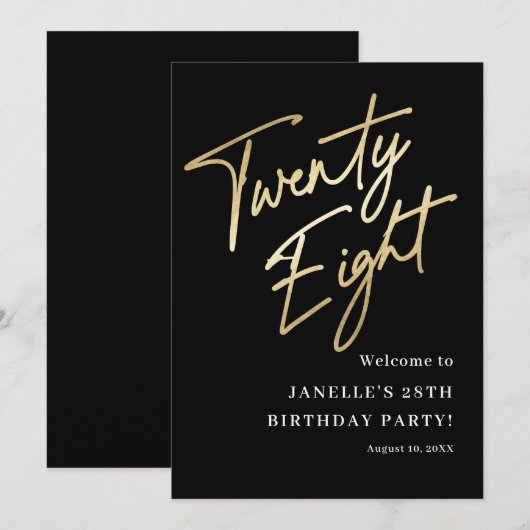 Modern Zwart Goud 28e Verjaardagsfeestje Welkom Kaart (Voorkant / Achterkant)