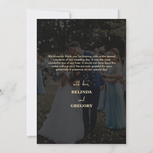 Modern zwart goud 2 foto overlay bruiloft bedankkaart (Achterkant)
