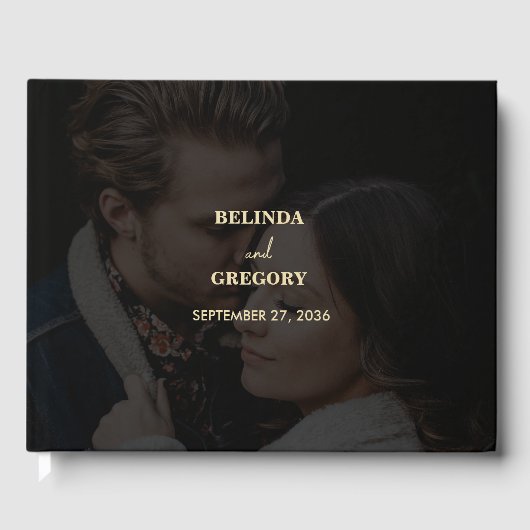 Modern zwart goud 2 foto overlay bruiloft gastenboek (Voorkant)