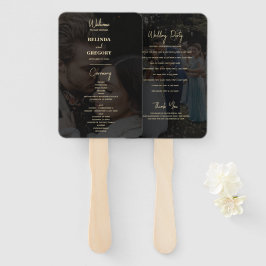 Modern zwart goud 2 foto overlay bruiloft programm handwaaier