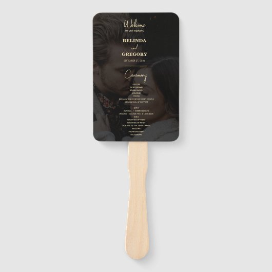 Modern zwart goud 2 foto overlay bruiloft programm handwaaier (Voorkant)