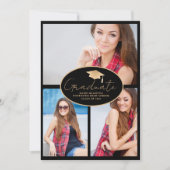 Modern Zwart Goud 3-foto Afstuderen Aankondiging (Voorkant)