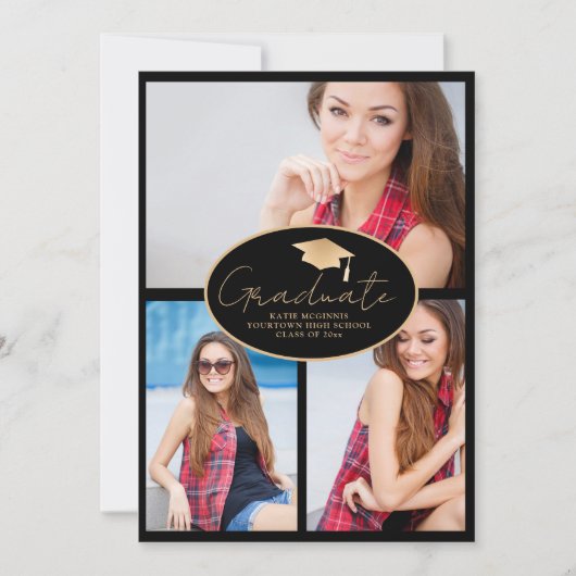 Modern Zwart Goud 3-foto Afstuderen Aankondiging (Voorkant)
