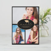 Modern Zwart Goud 3-foto Afstuderen Aankondiging (Staand voorkant)
