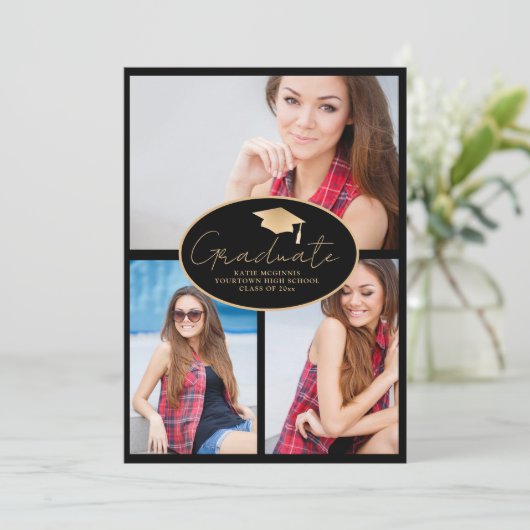 Modern Zwart Goud 3-foto Afstuderen Aankondiging (Staand voorkant)