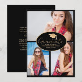 Modern Zwart Goud 3-foto Afstuderen Aankondiging (Voorkant / Achterkant)