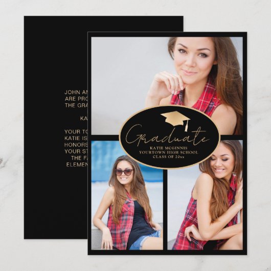 Modern Zwart Goud 3-foto Afstuderen Aankondiging (Voorkant / Achterkant)