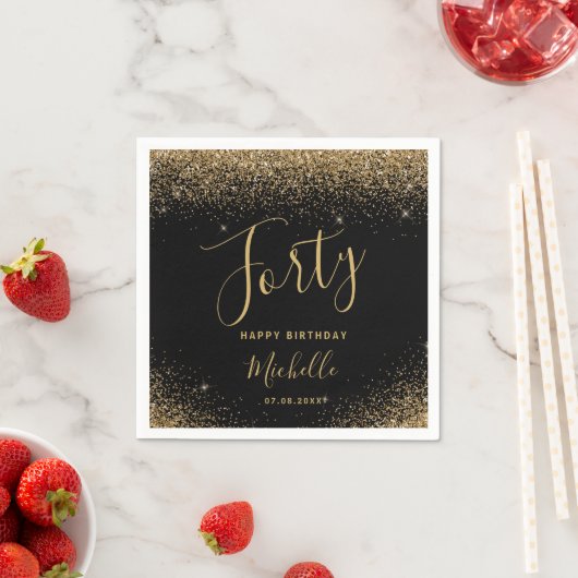 Modern Zwart Goud 40e Verjaardag Glitter Script Servet (Insitu)