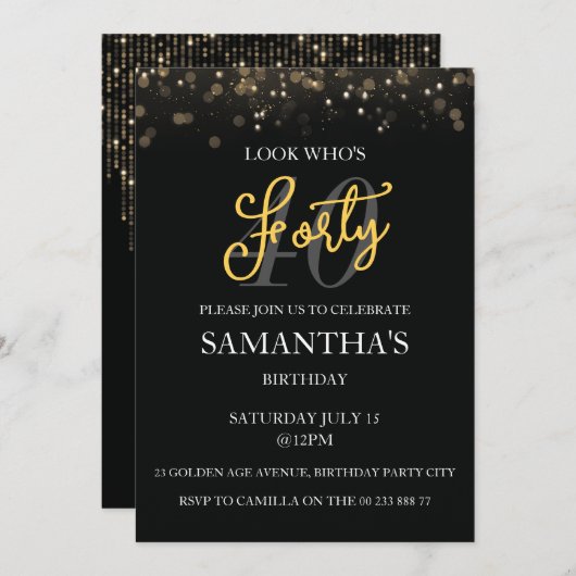 Modern Zwart Goud 40e Verjaardag Uitnodiging (Voorkant / Achterkant)