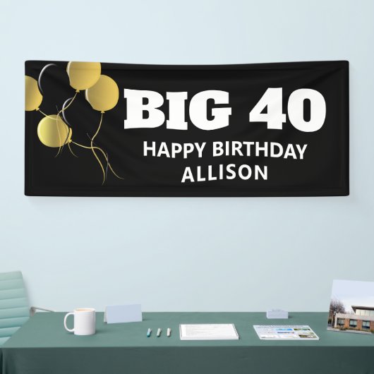 Modern Zwart Goud 40e Verjaardagsfeestje Gepersona Spandoek (Beurs)