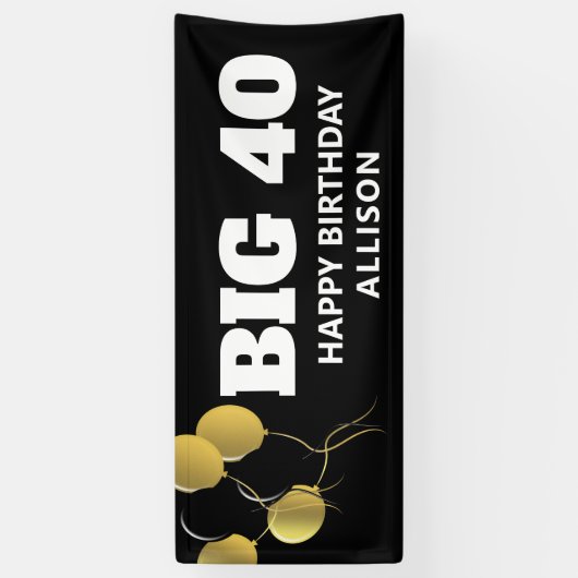 Modern Zwart Goud 40e Verjaardagsfeestje Gepersona Spandoek (Verticaal)