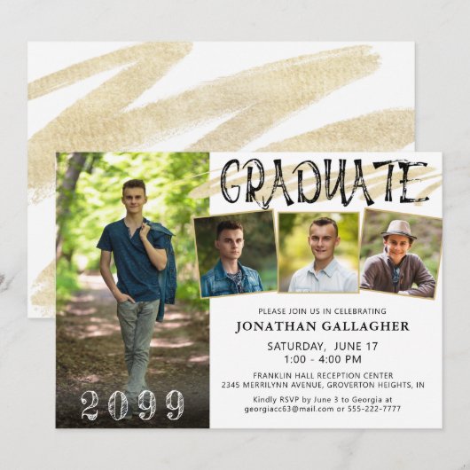 Modern Zwart Goud 4 Foto's Hand Lettered Afstudere Kaart (Voorkant / Achterkant)