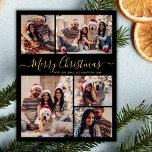 Modern Zwart Goud 5 Foto Collage Kerst Kaart<br><div class="desc">Elegante moderne kalligrafie zwart en goud 5 foto collage vrolijk kerstscript vakantie Kaart. Deze feestelijke Eenvoudige minimalistische vijf (5) foto vakantie wenskaart sjabloon is voorzien van een grid foto collage en zegt "Vrolijk kerstfeest"! De begroetingstekst "Merry Christmas" is geschreven in een grillige hand met een wervelend swash-tail lettertypescript in goud...</div>