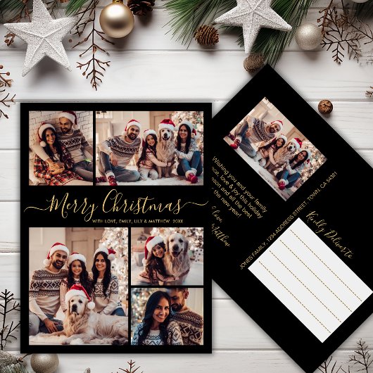 Modern Zwart Goud 5 foto Collage Kerstmis Briefkaart
