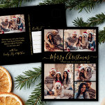 Modern Zwart Goud 5 foto Collage Kerstmis Briefkaart<br><div class="desc">Elegant, Modern Script Zwart en Goud 5 Photo Collage Holiday Christmas Family Photo Briefkaarten. Deze feestelijke, minimalistische, grillige vijf (5) foto vakantie wenskaart sjabloon is voorzien van een grid foto collage en zegt "Merry Christmas"! De "Merry Christmas" begroetingstekst is geschreven in een prachtig handgeschreven wervelend swash-tail lettertype script in goud...</div>