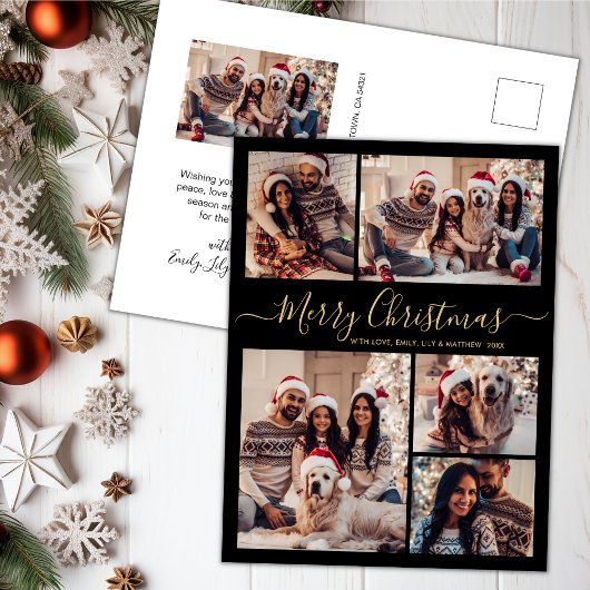 Modern Zwart Goud 5 foto Collage Kerstmis Briefkaart
