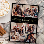 Modern Zwart Goud 5 foto Collage Kerstmis Folie Feestdagen Briefkaart<br><div class="desc">Elegant, Modern Zwart en Goud 5 Fotocollage Vakantie Kerstmis Familie Foto Folie Vakantie Briefkaarten. Deze feestelijke, minimalistische, grillige vijf (5) foto vakantie wenskaart sjabloon beschikt over een grid fotocollage en zegt "Vrolijk kerstfeest"! De begroetingstekst "Merry Christmas" is geschreven in een prachtig met de hand geletterd wervelig swash-tail lettertype script in...</div>