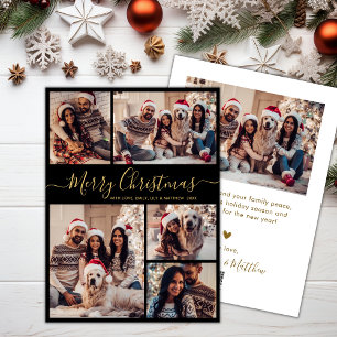 Modern Zwart Goud 5 Fotocollage Kerstmis Feestdagenkaart