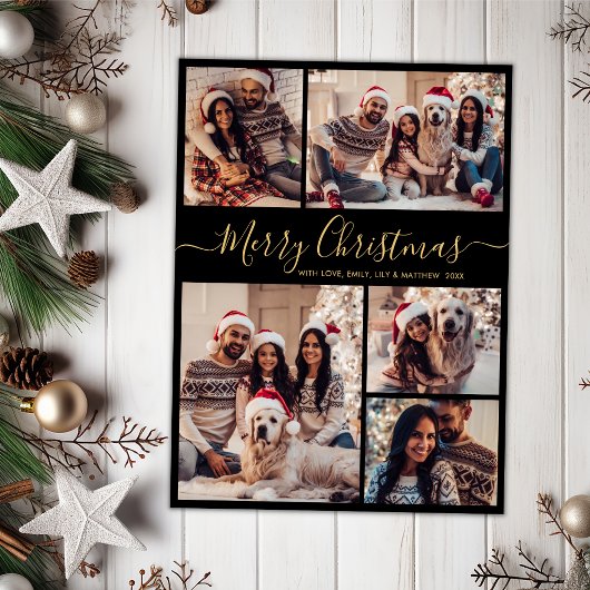 Modern Zwart Goud 5 Fotocollage Kerstmis Feestdagenkaart