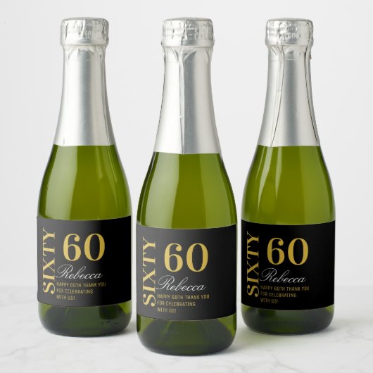 Modern Zwart Goud 60 Verjaardag Cocktailfeest Mini Sparkling Wijnetiket (Flessen)