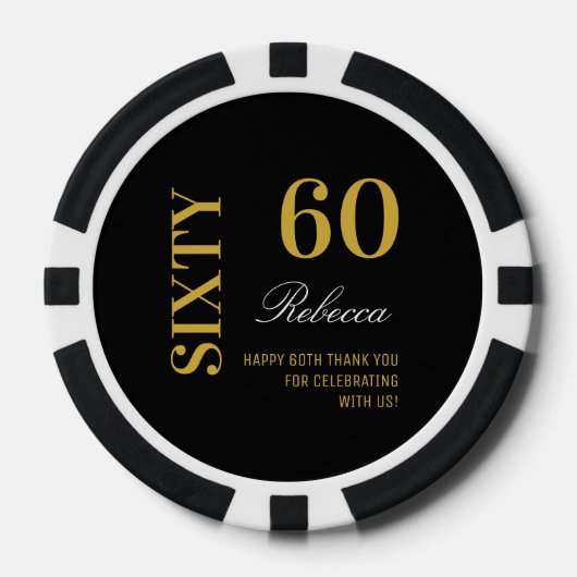 Modern Zwart & Goud 60e Verjaardag Cocktail Party Poker Chips (Voorkant)