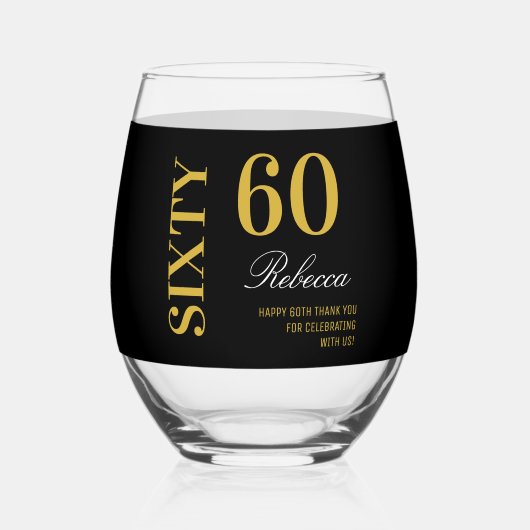 Modern Zwart & Goud 60e Verjaardag Cocktail Party Wijnglas Zonder Voet (Voorkant)