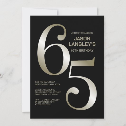 Modern Zwart Goud 65ste Verjaardagsfeest Kaart (Voorkant)