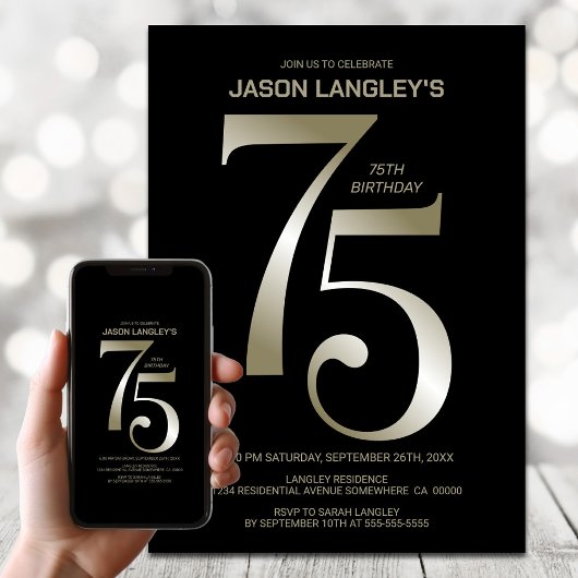 Modern Zwart Goud 75e Verjaardagsfeest Kaart