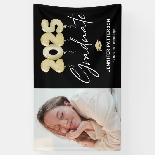 Modern Zwart Goud Afstuderen 2025 Fotobanner Spandoek (Verticaal)