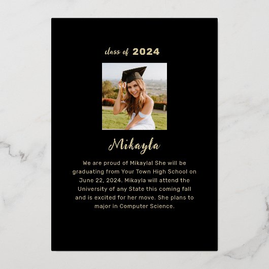 Modern Zwart Goud Afstuderen Folie Aankondiging (Achterkant)