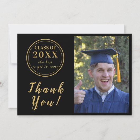 Modern Zwart & Goud Afstuderen Foto Dank u Bedankkaart (Voorkant)