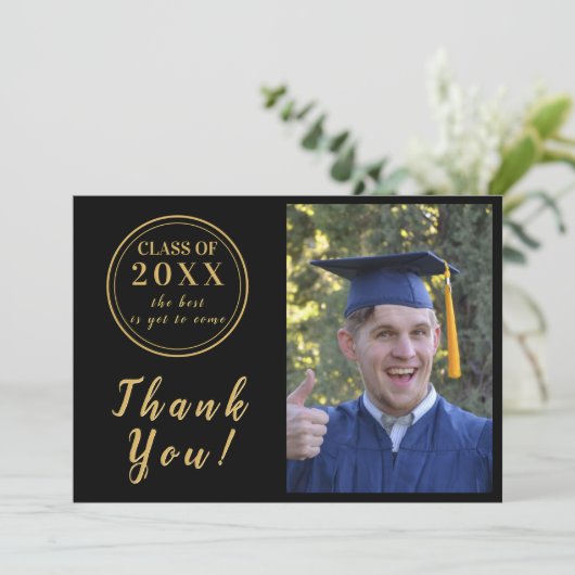 Modern Zwart & Goud Afstuderen Foto Dank u Bedankkaart (Staand voorkant)