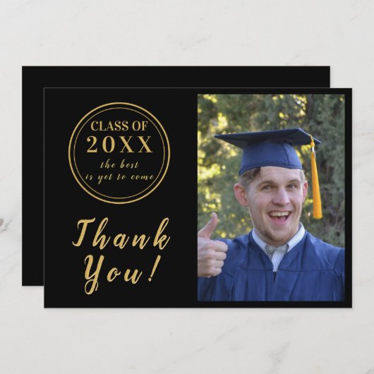 Modern Zwart & Goud Afstuderen Foto Dank u Bedankkaart (Voorkant / Achterkant)