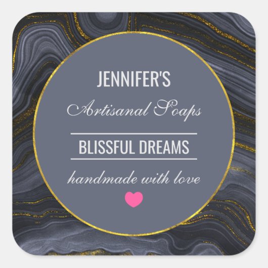 Modern Zwart & Goud Agaat Stone Abstracte zeep Vierkante Sticker (Voorkant)