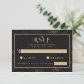 Modern Zwart & Goud Anemoon Bloemen Bruiloft RSVP Kaartje (Staand voorkant)